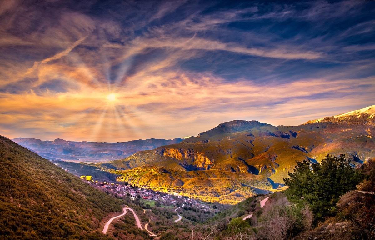 village, hills, greece, sky